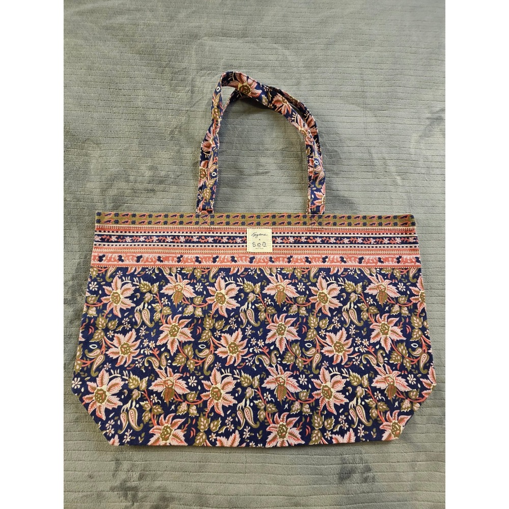 Sezane x Sea New York Floral Recycled Cotton Tote Bag Navy Pink Shopper